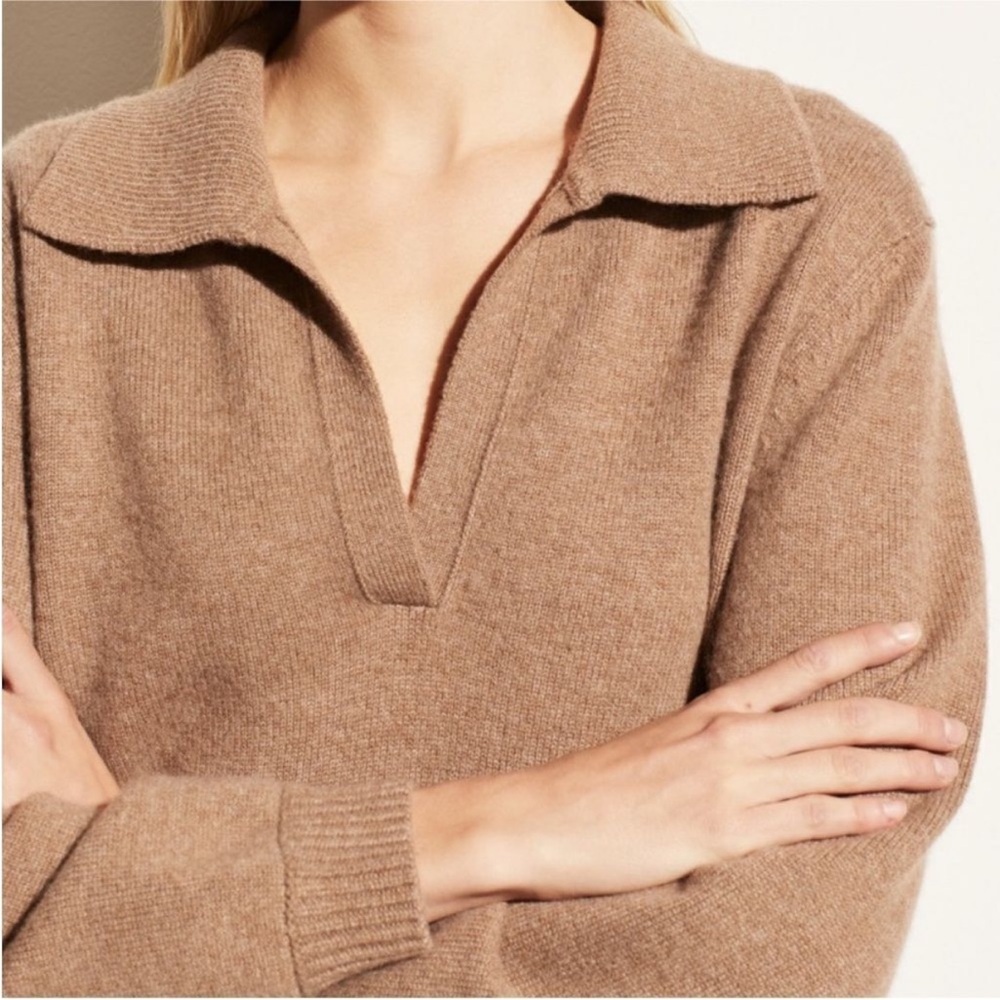 Vince Sweater Raglan Sleeve Polo Collar V-Neck in Chestnut Brown - Picture 3 of 9